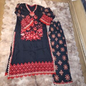 Sana safinaz 2 piece Floral Embroidered Black and Red Outfit